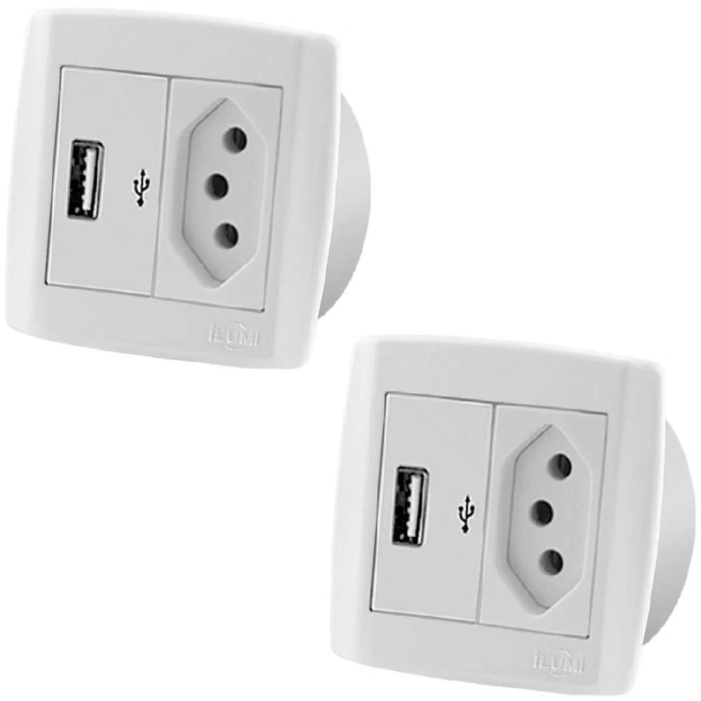 Kit Com 2 Pç Usb 2A Tomada 10A Para Móveis Ilumi Slim Branca