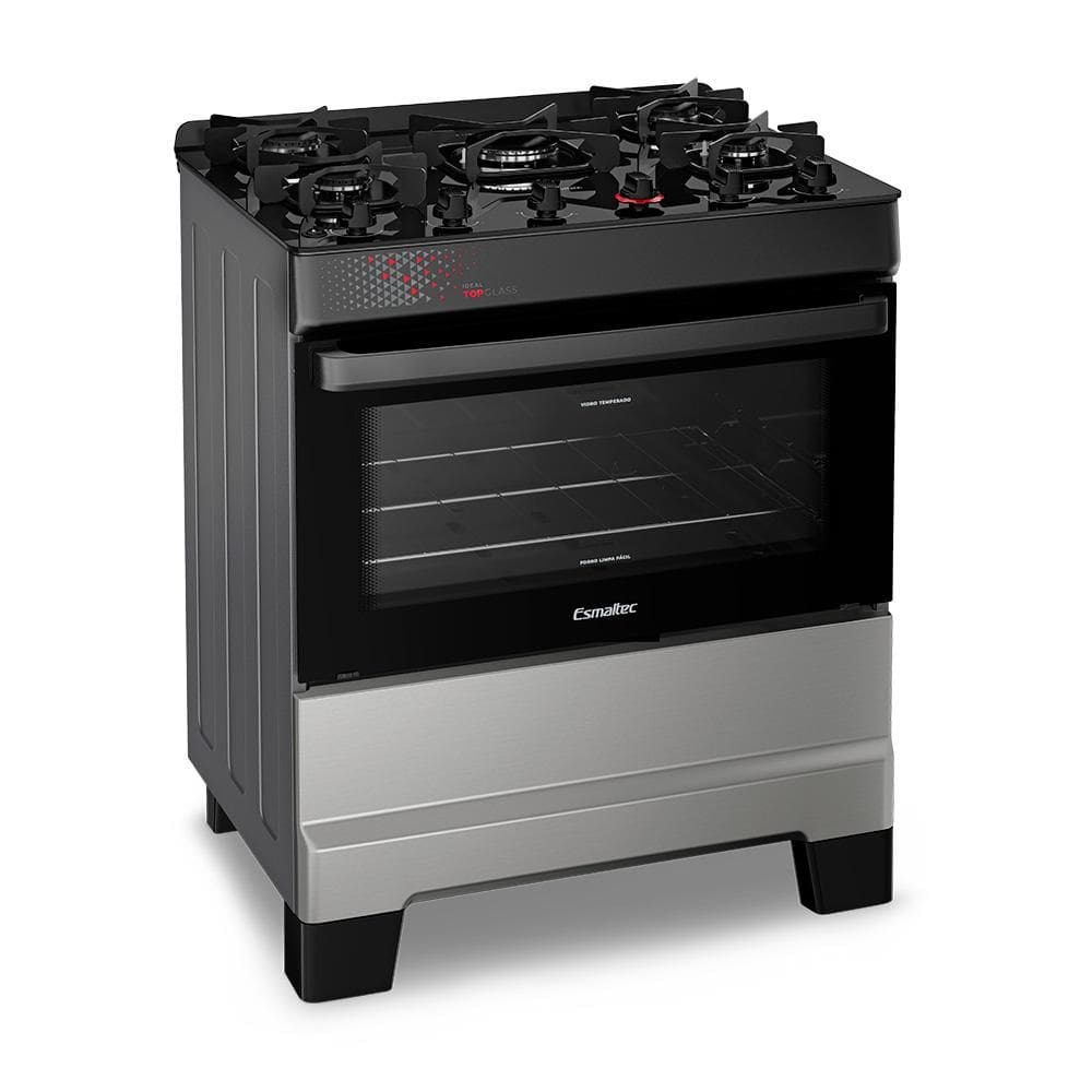 Fogão a Gás Mesa de Vidro Forno 84L Limpa Fácil e Acendimento Automático Esmaltec IDEAL Top Glass T5VAI Cor Inox 5 bocas Bivolt