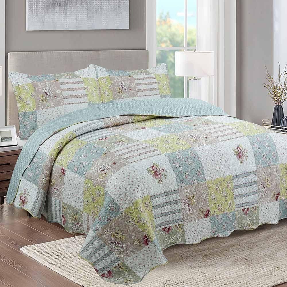 Kit Cobre Leito Colcha Daily King 3 Peças Dupla Face Estampado - Patchwork Maite - 100% Poliéster