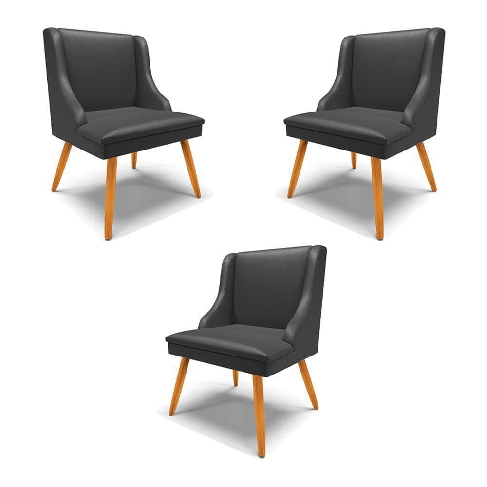 Kit 3 Cadeiras Decorativas Sala De Jantar Pés Palito De Madeira Pu Preto Fosco/natural