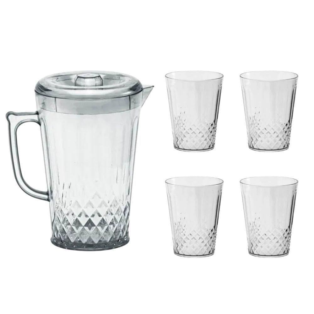 Jarra Com Tampa 2l + 4 Copos Acrílico Suco E Água