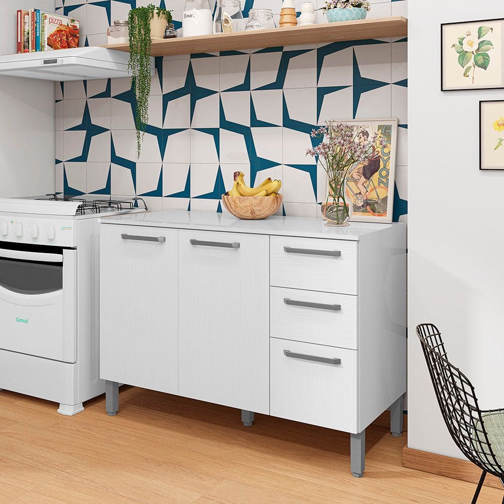 Balcão 120cm (Com Tampo) 3 Portas 2 Gavetas Versalhes BCO/Supremo - SSX Multicoisas