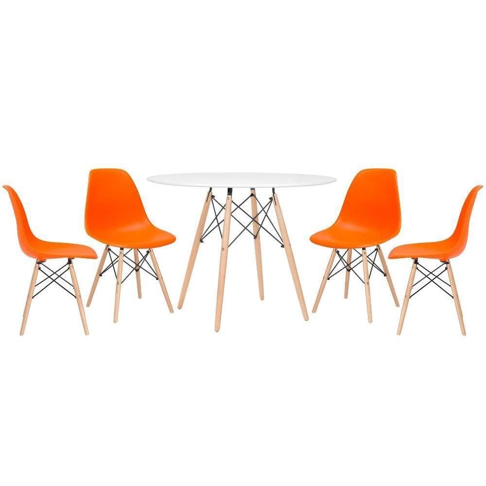 Mesa Redonda 100 Cm Branco + 4 Cadeiras Laranja