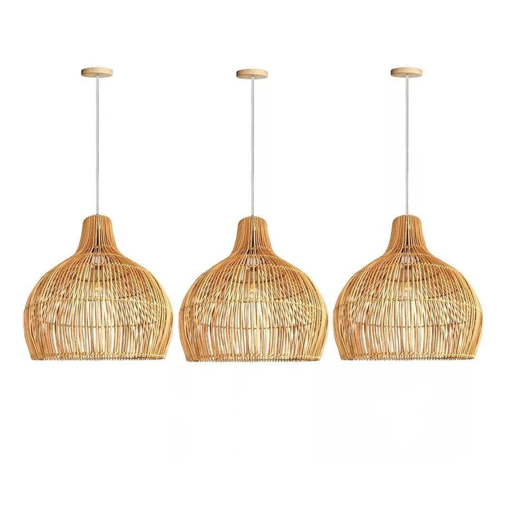3 Pendente De Fibra Natural Rattan Rustico Mesa Nat36
