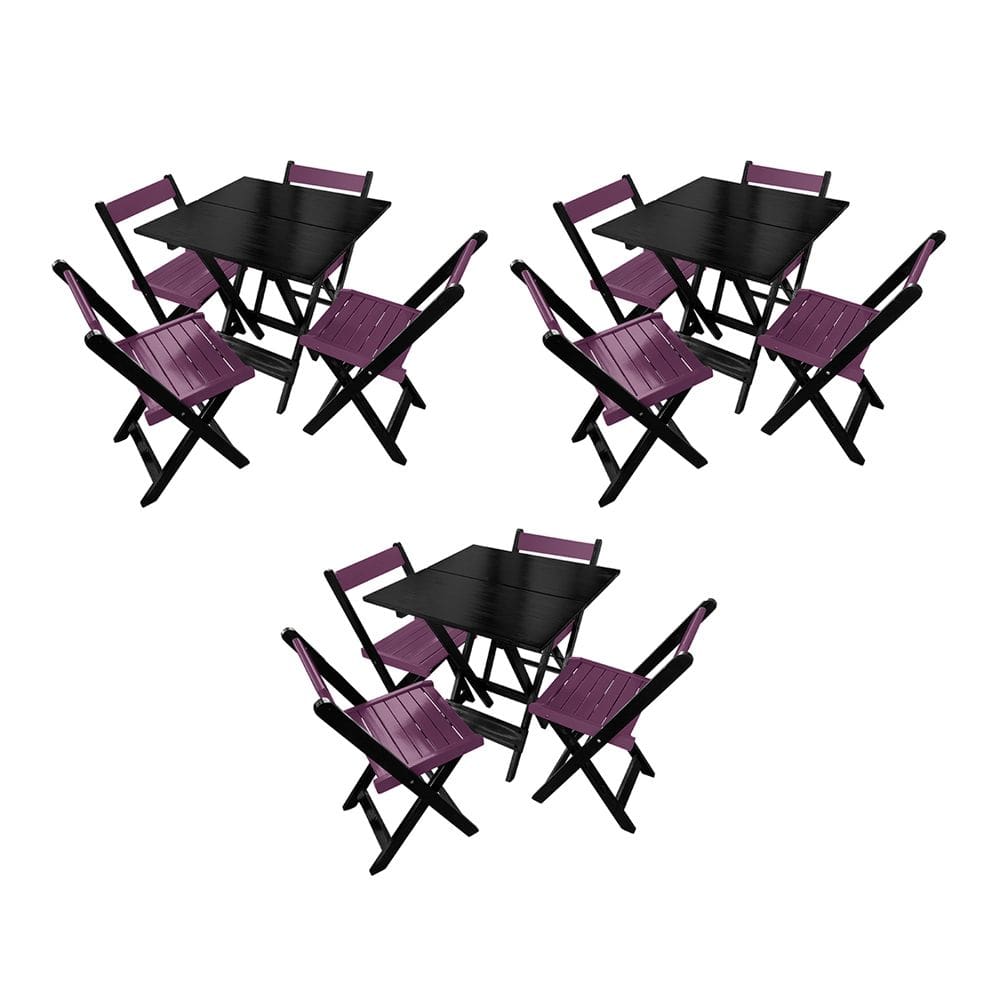 Kit 3 Mesas de Madeira Dobrável Preto 70x70 com 4 Cadeiras Dobráveis Roxo