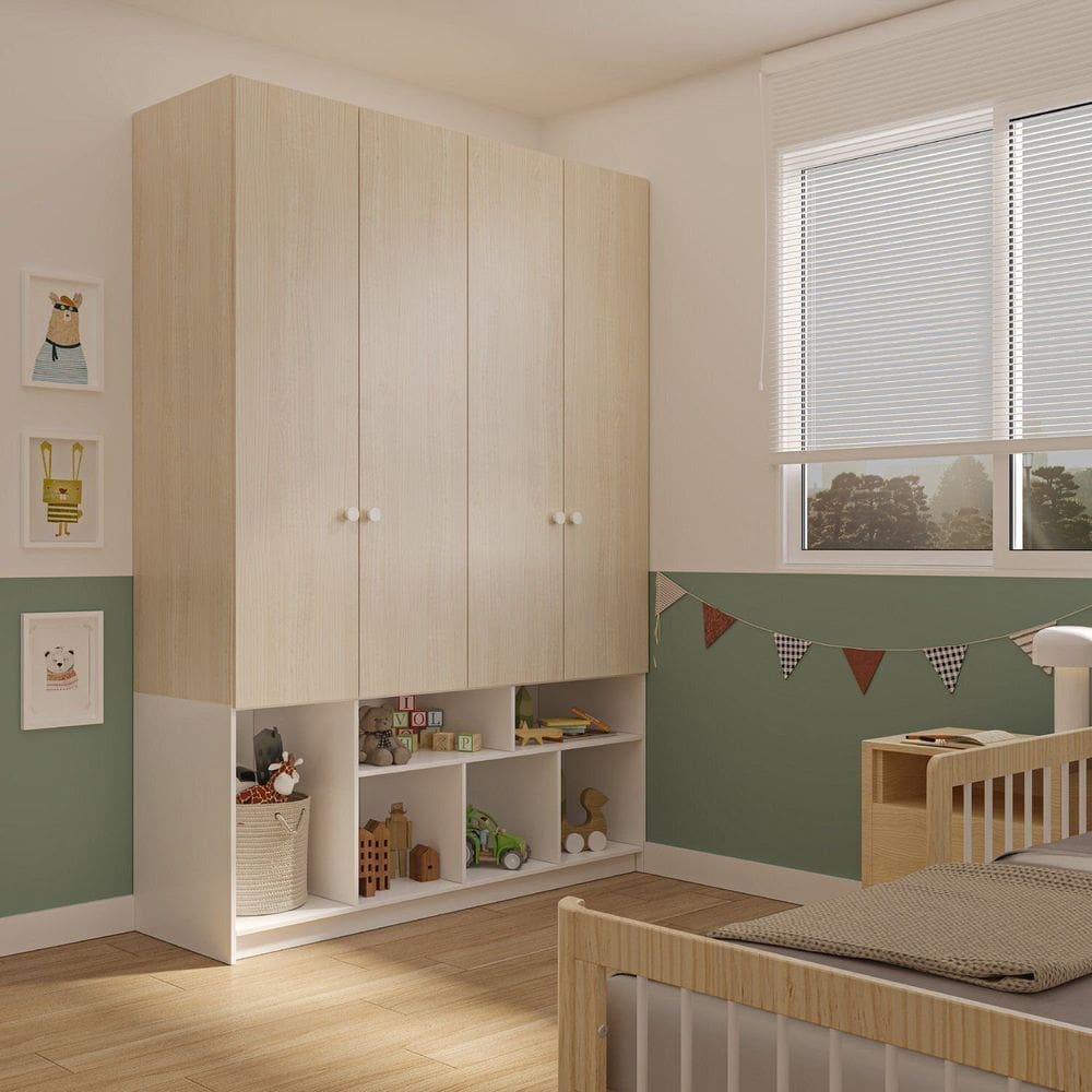 Guarda-roupa 4 Portas com Nichos Curió Casatema Branco/Natural