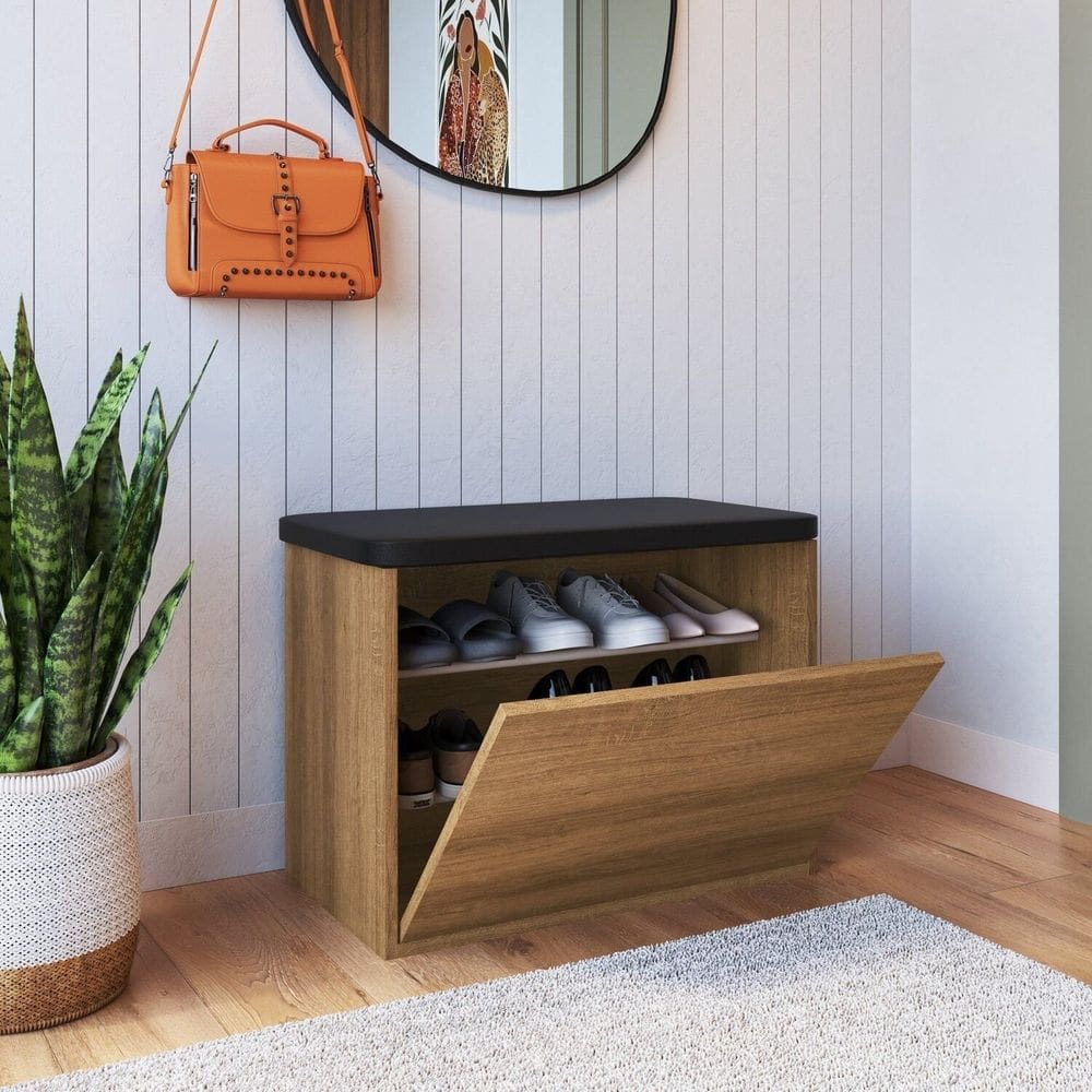 Sapateira Puff Solteiro 9 Pares com Estofado Quarto Mel/Preto