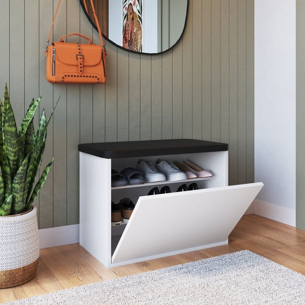 Sapateira Puff Solteiro 9 Pares com Estofado Quarto Branco/Preto