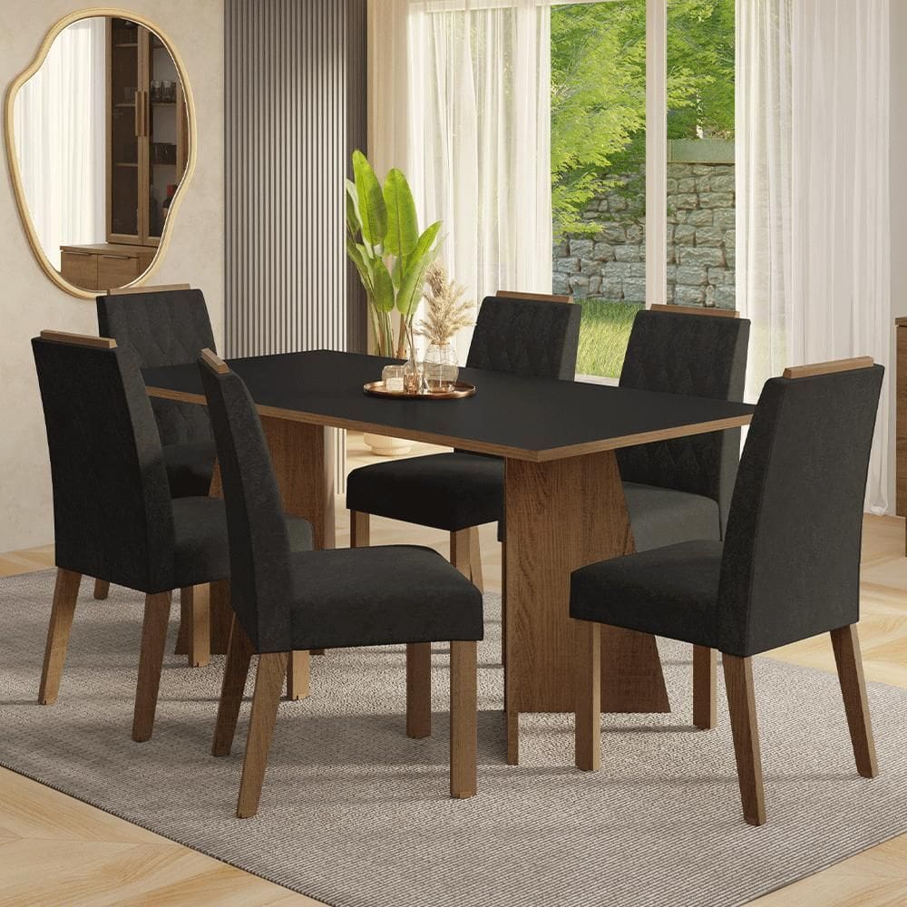Conjunto Sala de Jantar Tampo de Madeira 6 Cadeiras Rustic/Preto/Oxford York Madesa