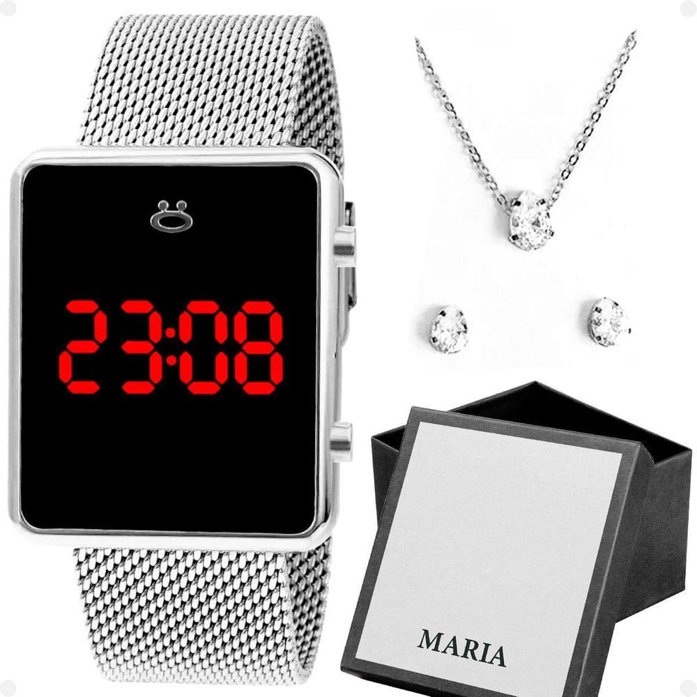 Relogio Digital Feminino Prata + Brincos + Caixa + Colar
