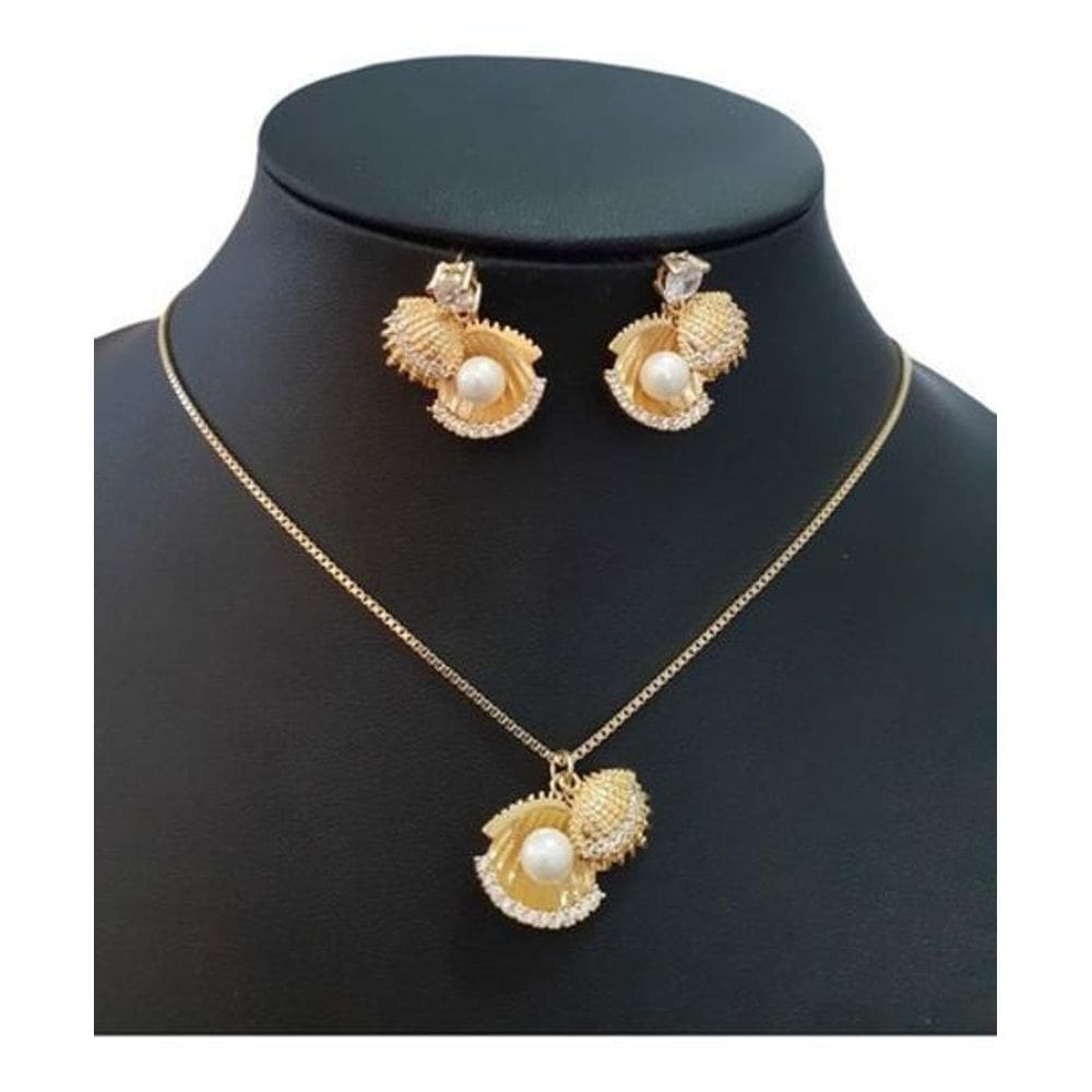 Conjunto Colar E Brinco Fundo Do Mar Concha Pérola Zirconia