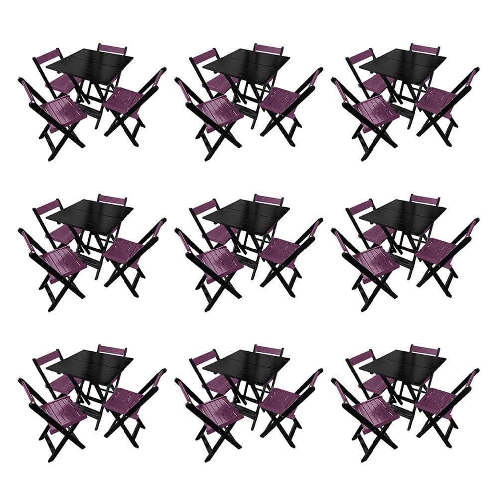 Kit 9 Mesas de Madeira Dobrável Preto 70x70 com 4 Cadeiras Dobráveis Roxo