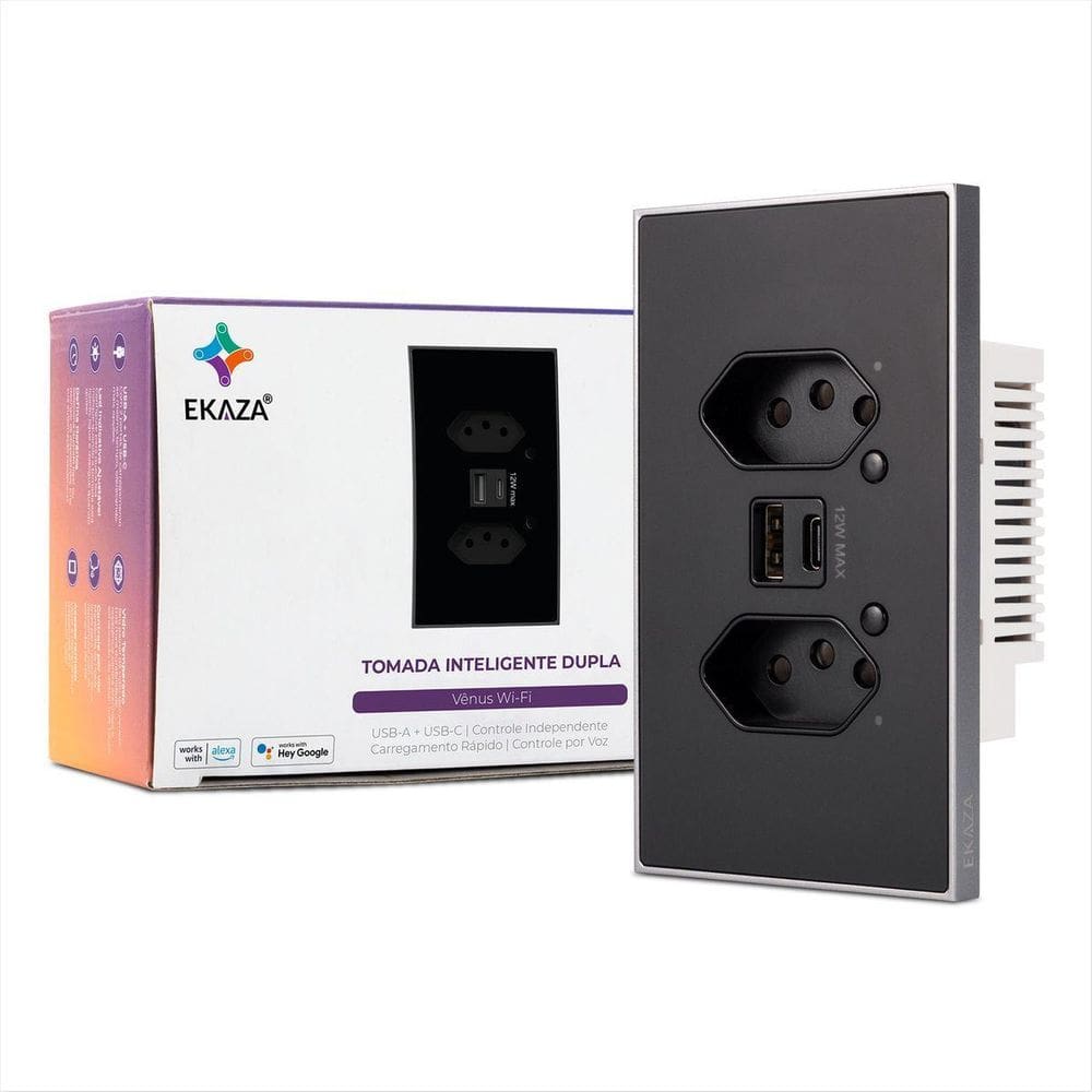 Tomada Inteligente Dupla Vênus Ekaza Preto Alexa Google
