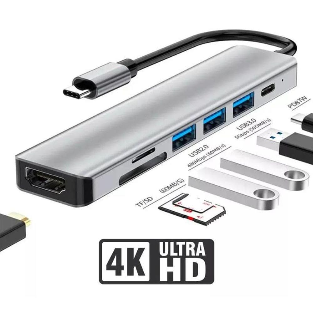Hub Adaptador Usb-C Usb Hdmi 4K Cartão Mem Sd Microsd 7 Em 1