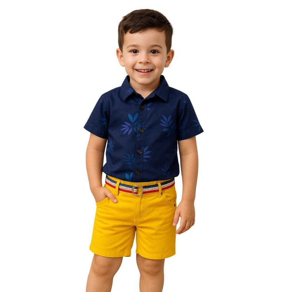 Conjunto Infantil Camisa Azul e Bermuda Amarela Azul Verão