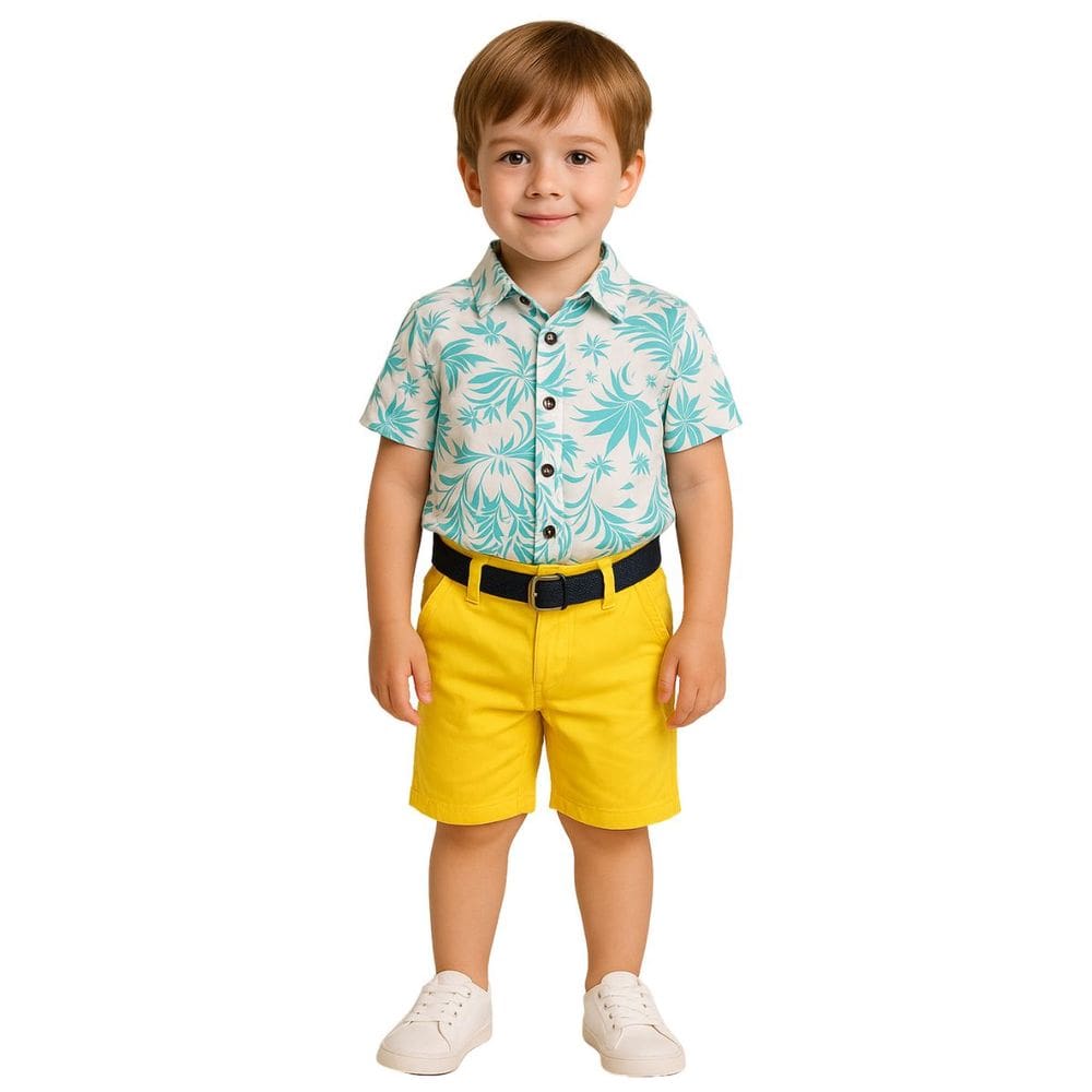 Conjunto Infantil Camisa Floral Bermuda Azul Amarelo Social