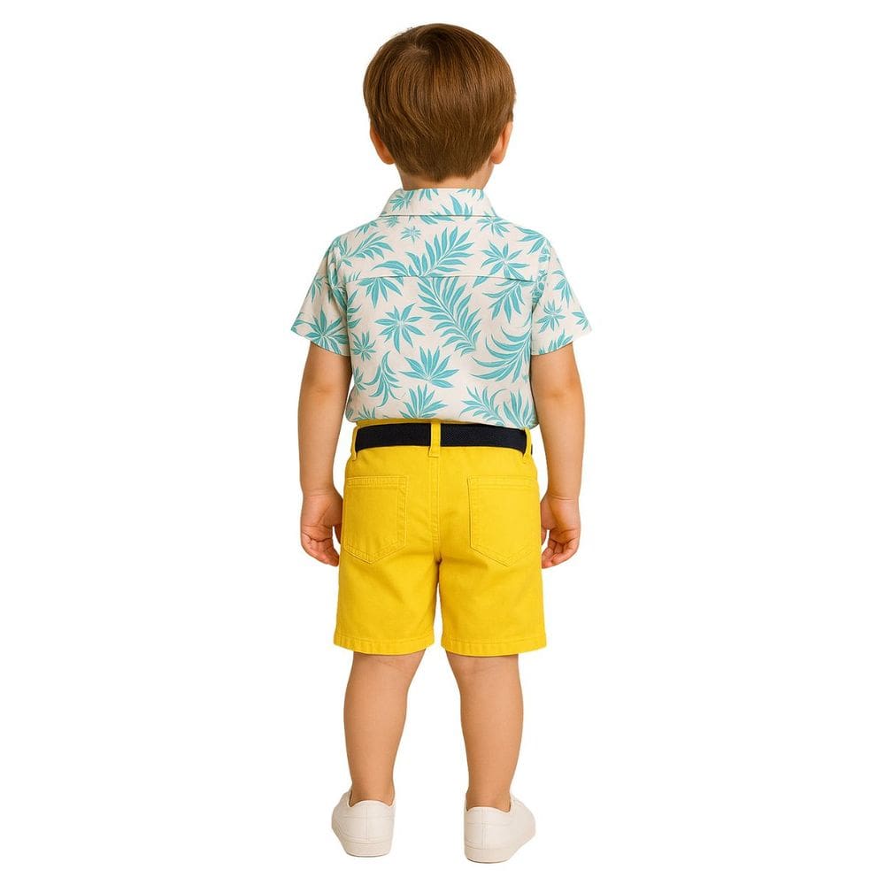 Conjunto Infantil Camisa Floral Bermuda Azul Amarelo Social