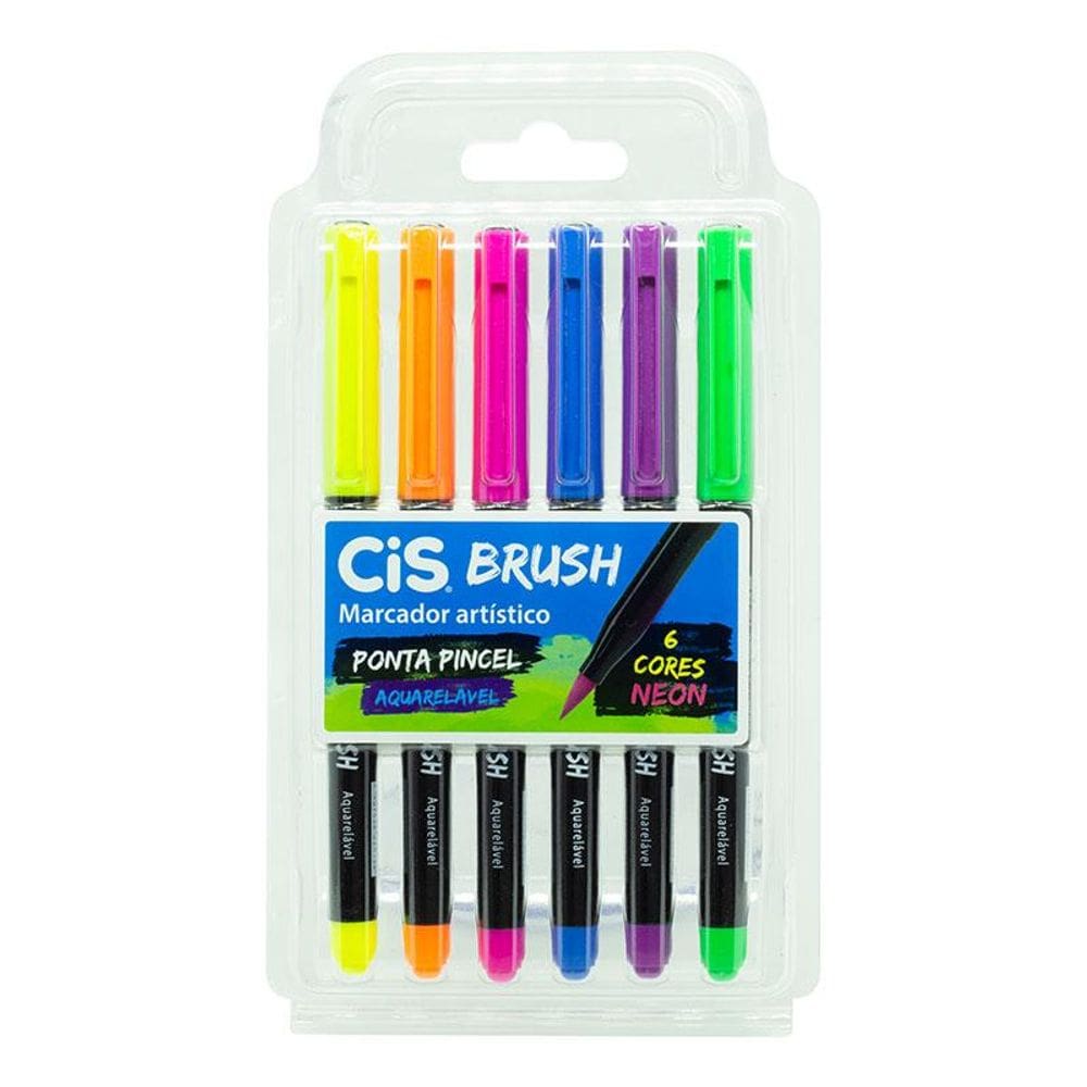 Caneta pincel Brush Aquarelável c/ 6 cores neon Cis