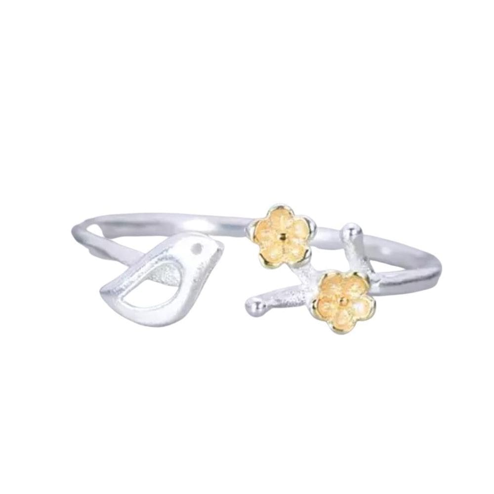 Anel Prateado Ajustável Passarinho Ramo Flor Amarela