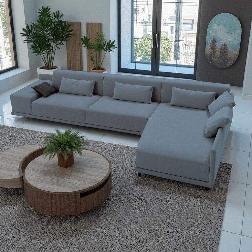 Sofá de Canto 5 Lugares com Chaise Revestimento em Sarja 336x74cm Cinza Médio