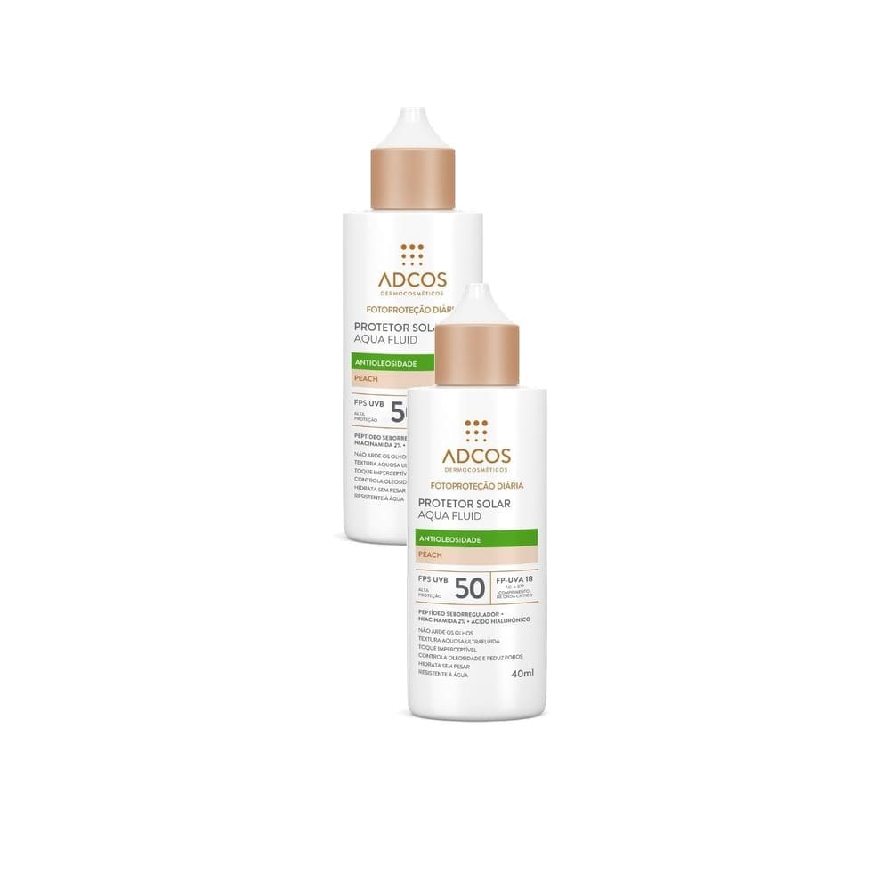 Kit 2 Protetor Solar Adcos Fotoproteção Diária Aqua Fluid Antioleosidade cor Peach FPS 50 com 40ml
