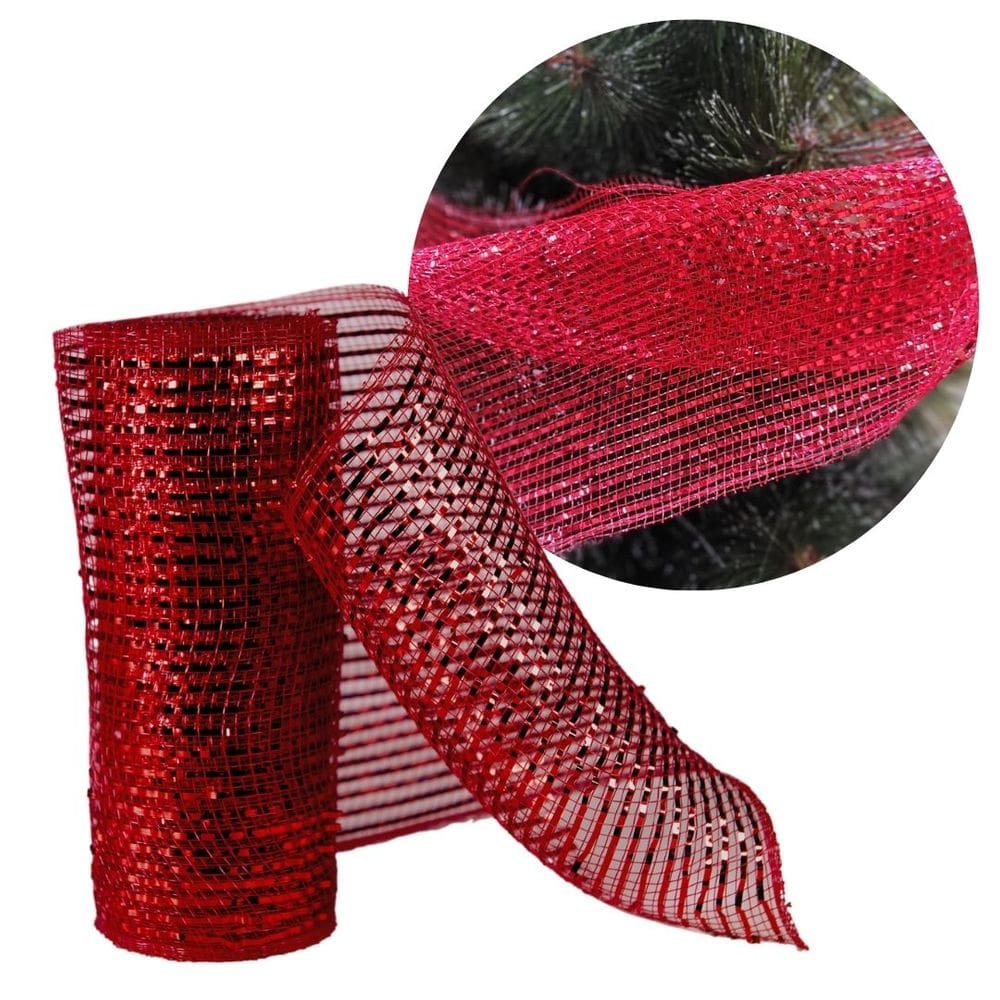 Tela Decorativa Natal Malha Tule Trançado Vermelha Premium 15cm x 5 metros