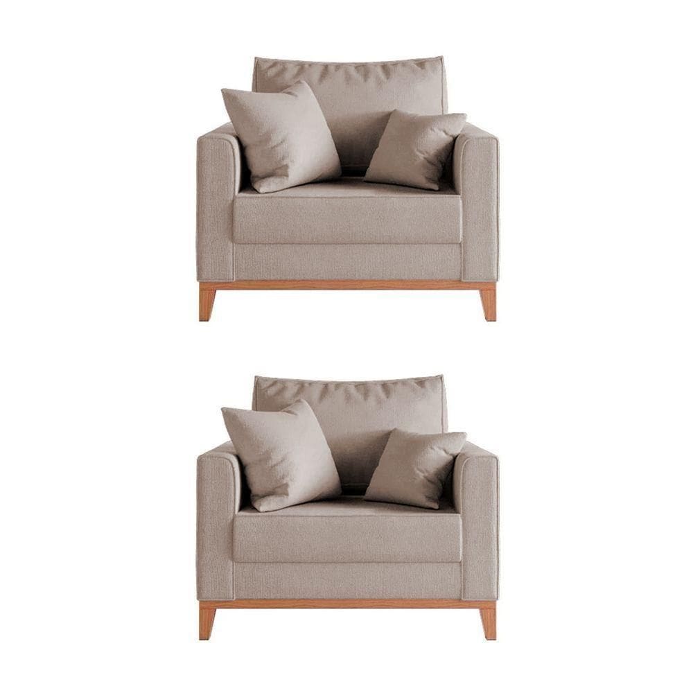 Kit 2 Poltronas Beny Amamentação Com 2 Almofadas Base Em Madeira Maciça Tecido Linho Bege