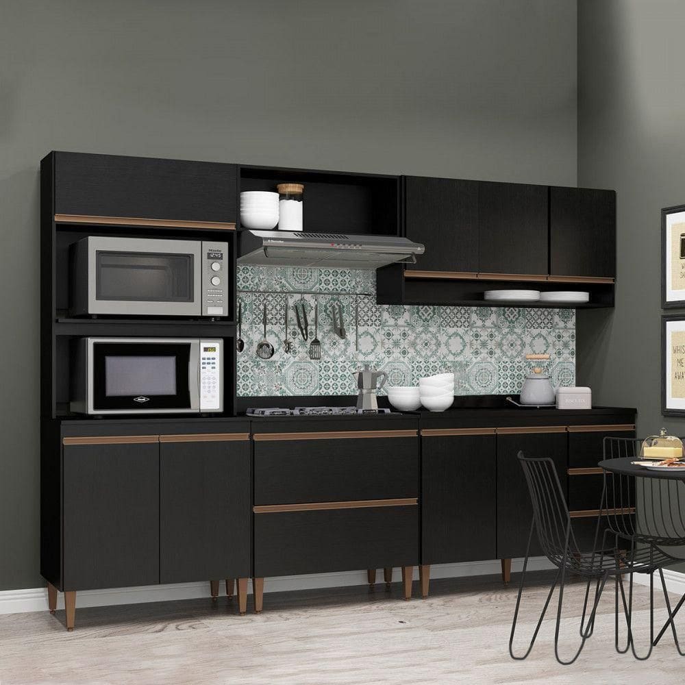 Armário Balcão Sabrina 280x202 Cm 6 Peças Mdp Menu Móveis Preto