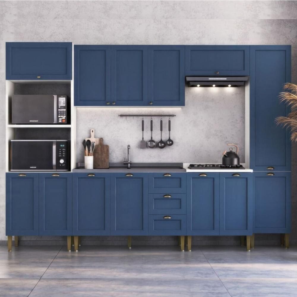 Armário Cozinha Americana Modulada Completa 305cm Com Balcão Multimóveis Cr20496 Branco-Azul