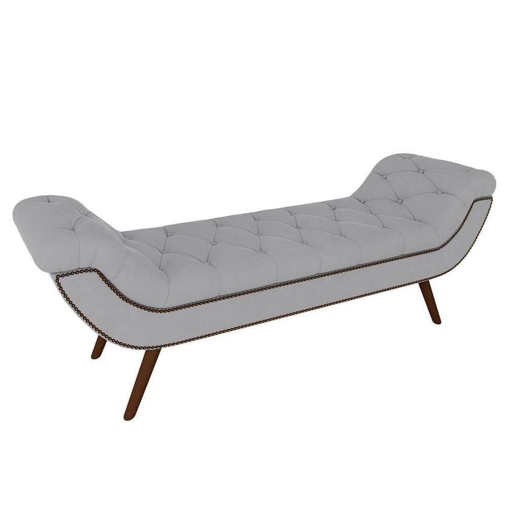 Puff Recamier Calçadeira 140cm Pés Palito Madeira Vêneto P02 Veludo Cinza