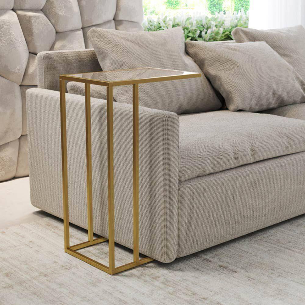Mesa De Apoio Industrial Elena Industrial Dourado Com Tampo De Vidro