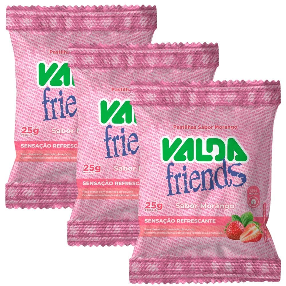 Kit 3 Pastilhas Valda Friends Sabor Morango 25g