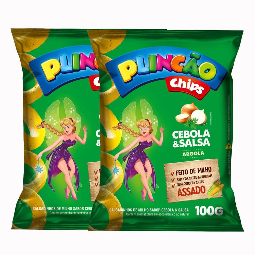 Kit 2 Salgadinho de Milho Plincão Chips Sabor Cebola e Salsa Argola 100g