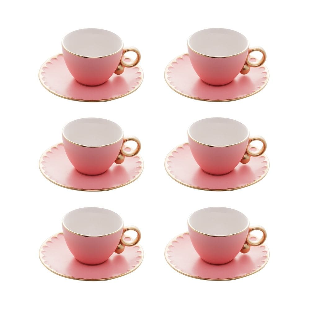 Cj 6 Xícaras P/Chá C/Pires de Porcelana EGG Rosa/Dourado 200ml Wolff