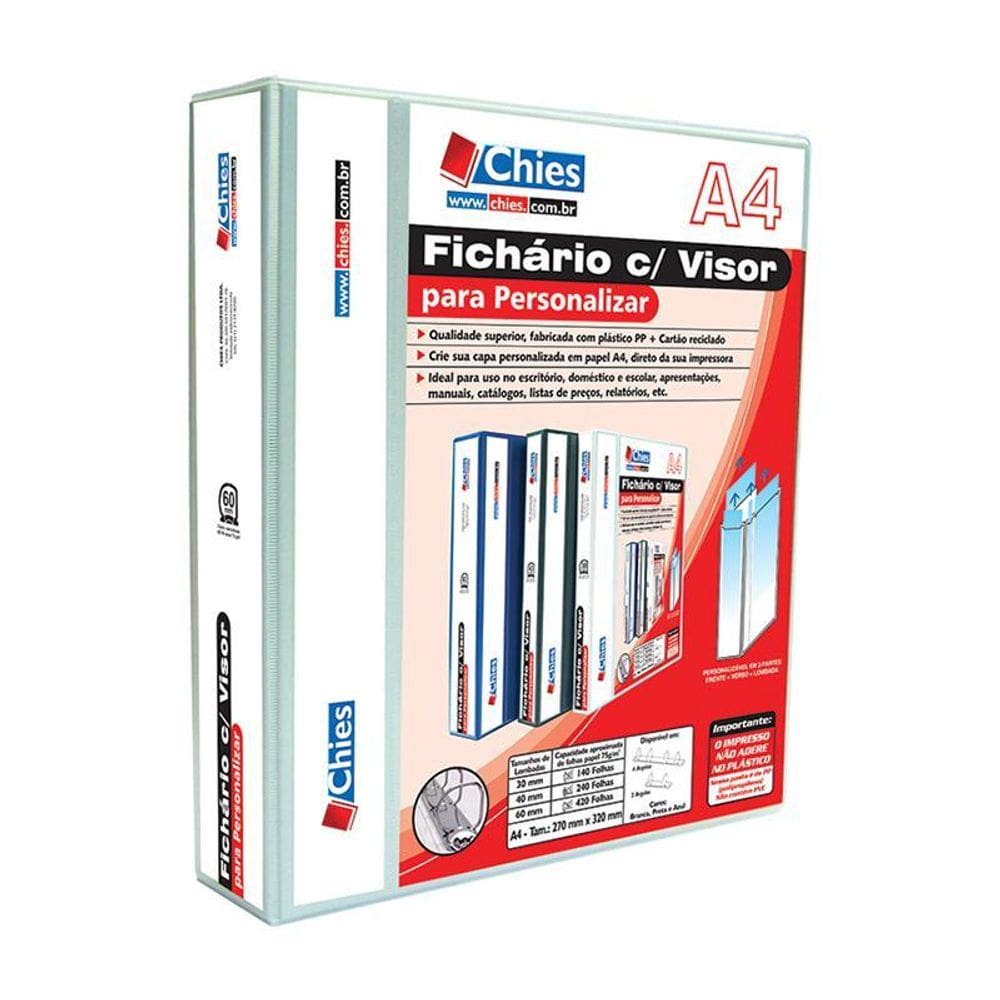 Fichário revestido cristal A4 branco 60mm c/ 4 argolas Chies