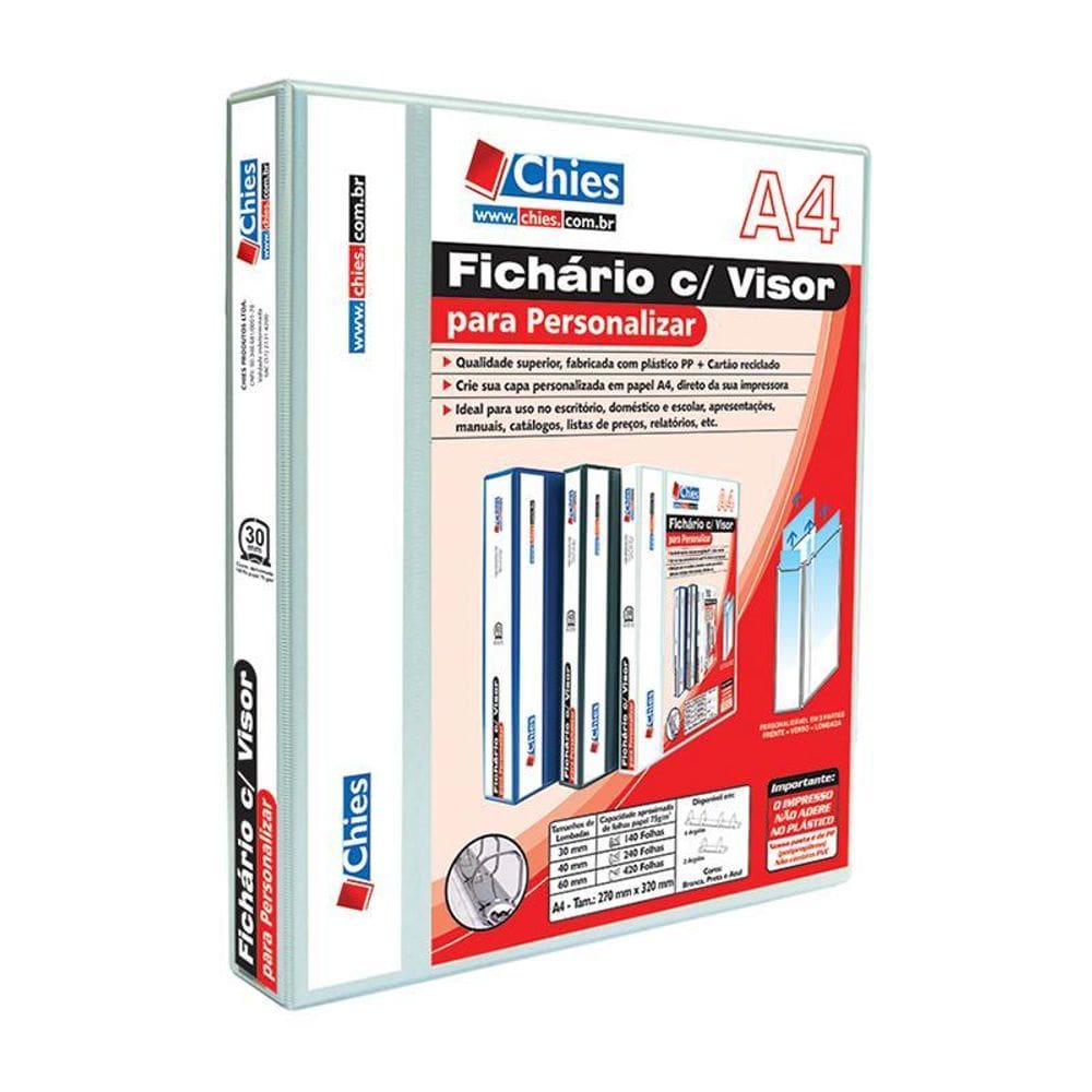 Fichário revestido cristal A4 branco 30mm c/ 2 argolas Chies