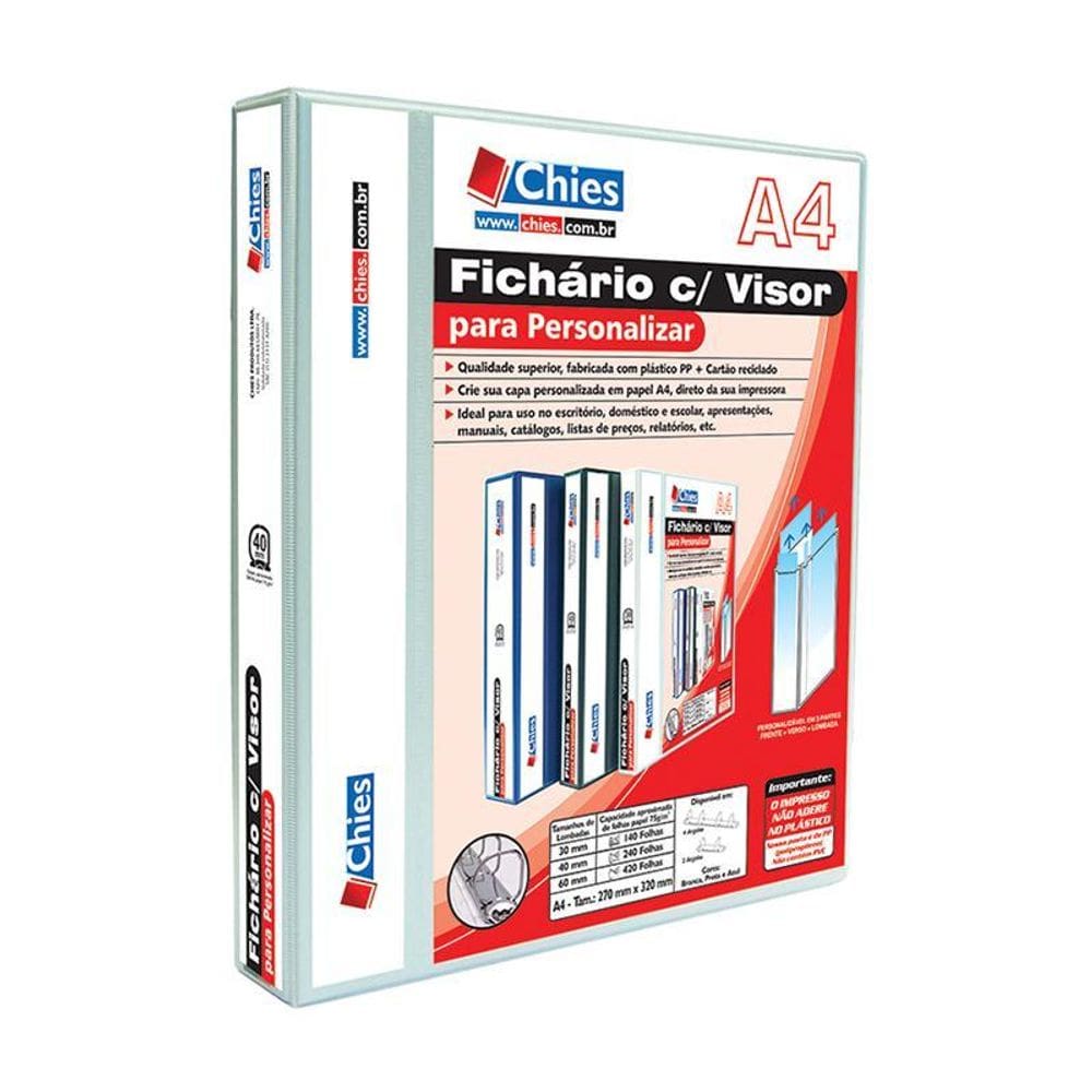 Fichário revestido com cristal A4 branco 40mm 1711 com 2 argolas Chies