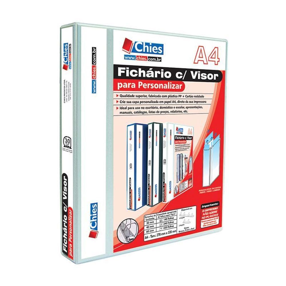 Fichário revestido cristal A4 branco 30mm c/ 4 argolas Chies