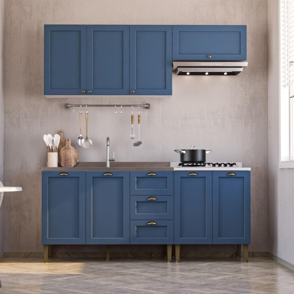 Armário Cozinha Americana Modulada Compacta 190cm Com Balcão Para Pia Multimóveis Cr20494 Branco-Azul