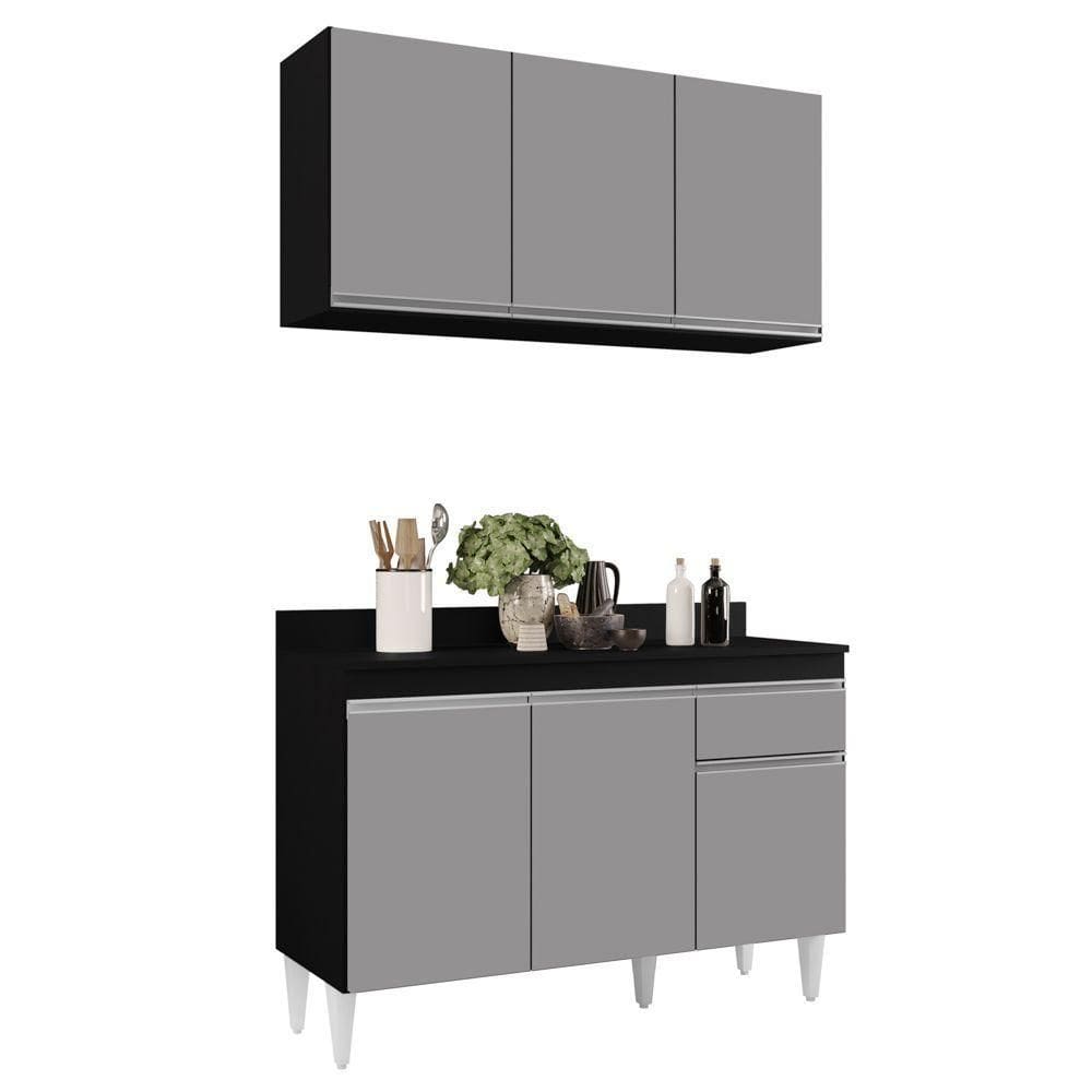 Armário Aéreo E Balcão Para Pia Com Tampo 120Cm Preto/Cinza