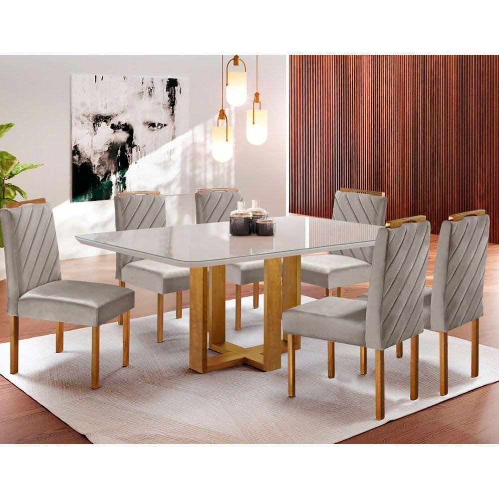 Kit Sala De Jantar 6 Lugares Mesa Lisy E 6 Cadeiras Jade Veludo - Off White Com Marrom Acinzentado