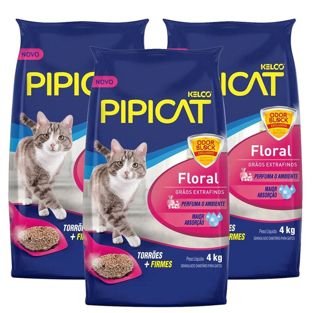Kit 3 Areia Higiênica Pipicat Floral Perfumada para Gato 4kg