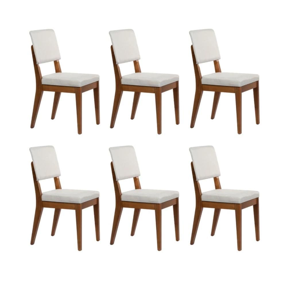 Kit com 6 Cadeiras de Madeira Maciça Estofada Ella - Natural c/ Linho Off White