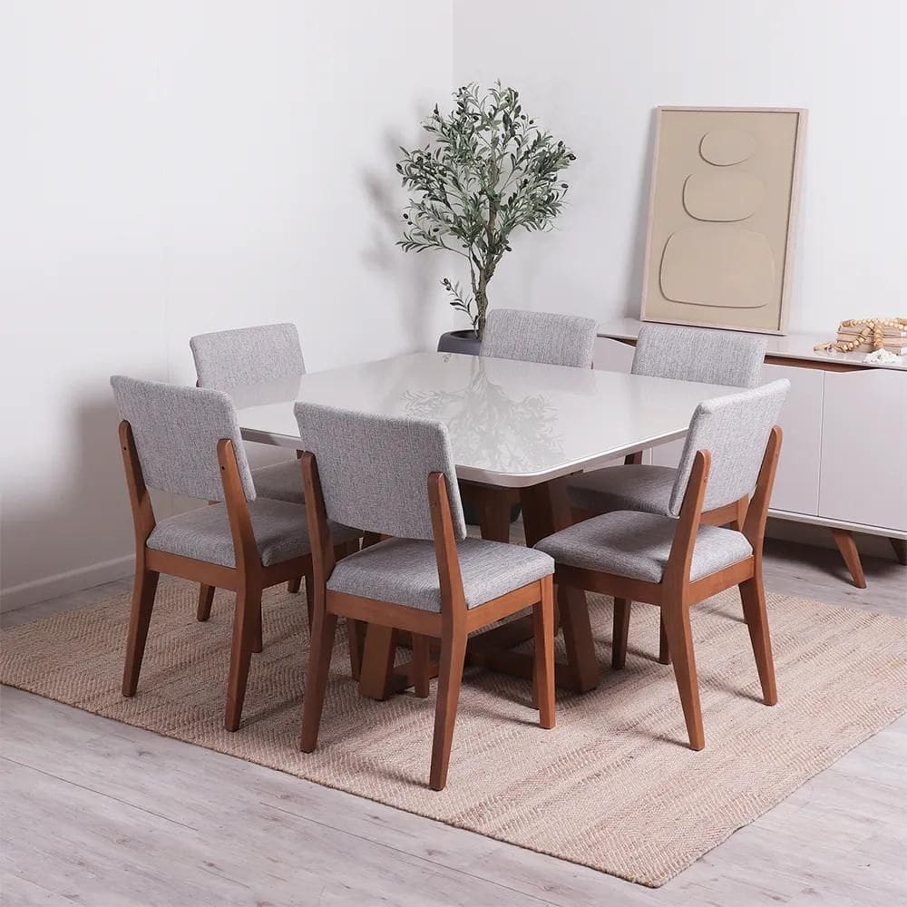Conjunto de Jantar Mesa Quadrada com Vidro Bennett 6 Cadeiras Ella - Natural c/ Cinza