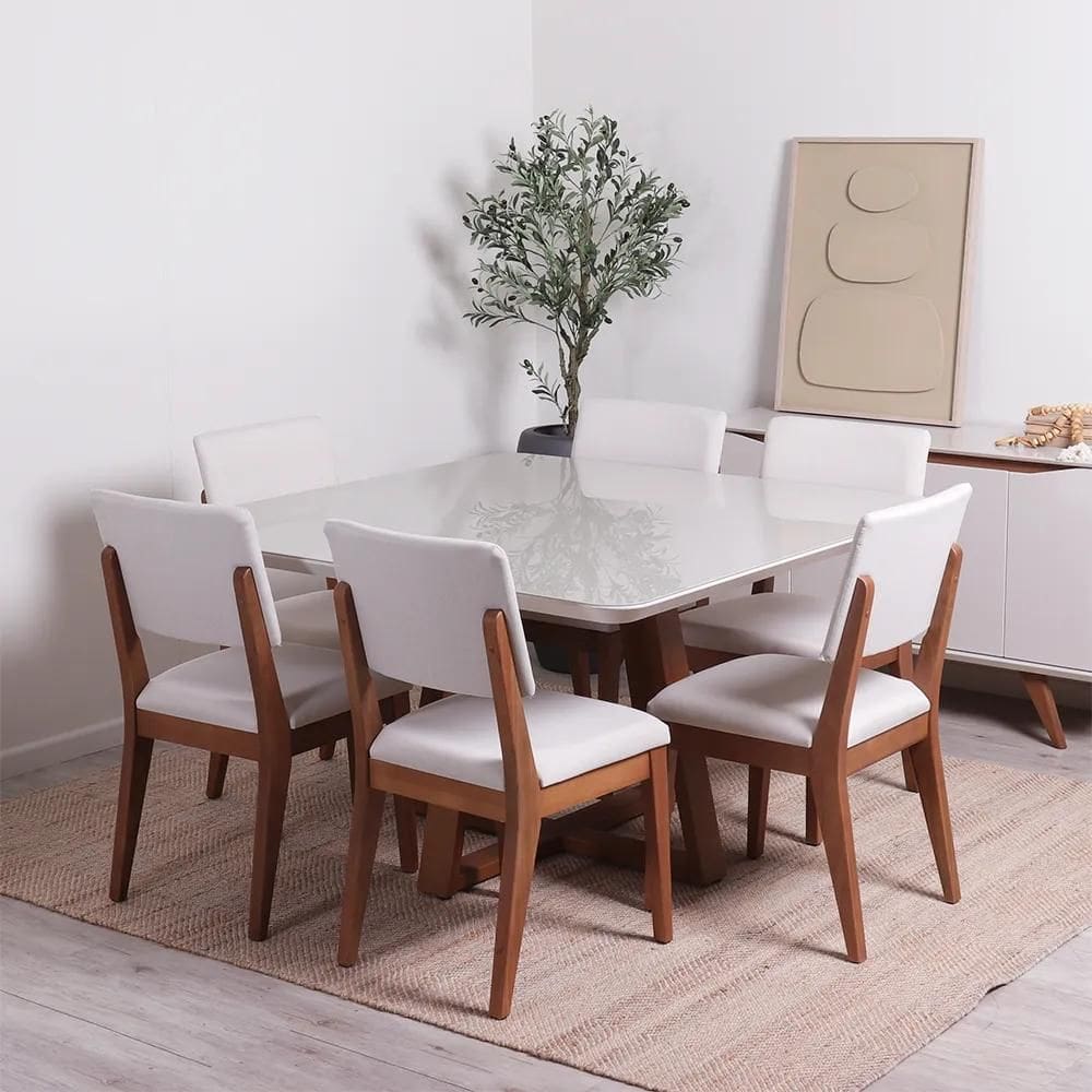 Conjunto de Jantar Mesa Quadrada com Vidro Bennett 6 Cadeiras Ella - Natural c/ Off White