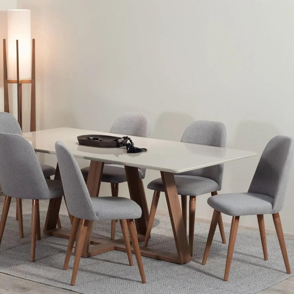Conjunto de Jantar Mesa com Vidro Avena 6 Cadeiras New Drop - Canella c/ Cinza