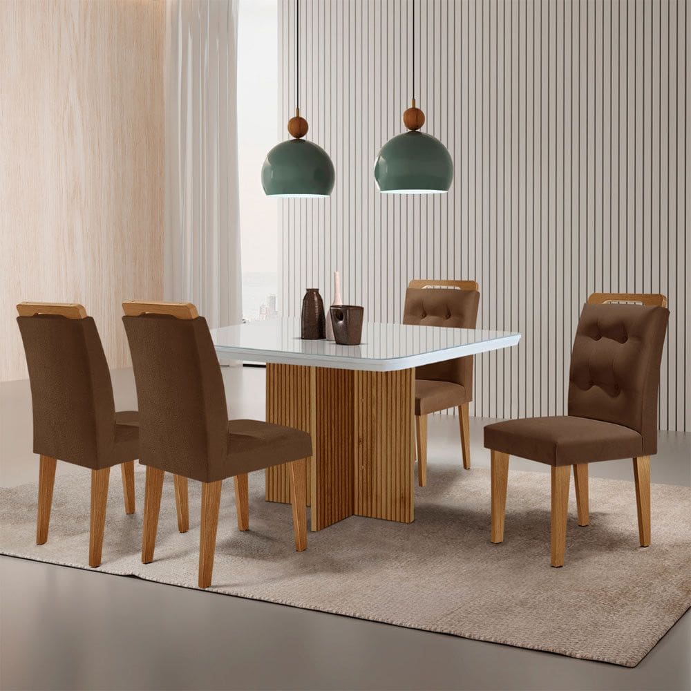 Sala de Jantar Mesa 90cm Olímpia em MDF com Vidro Canto Copo 4 Cadeiras Carol Moderna Mobília