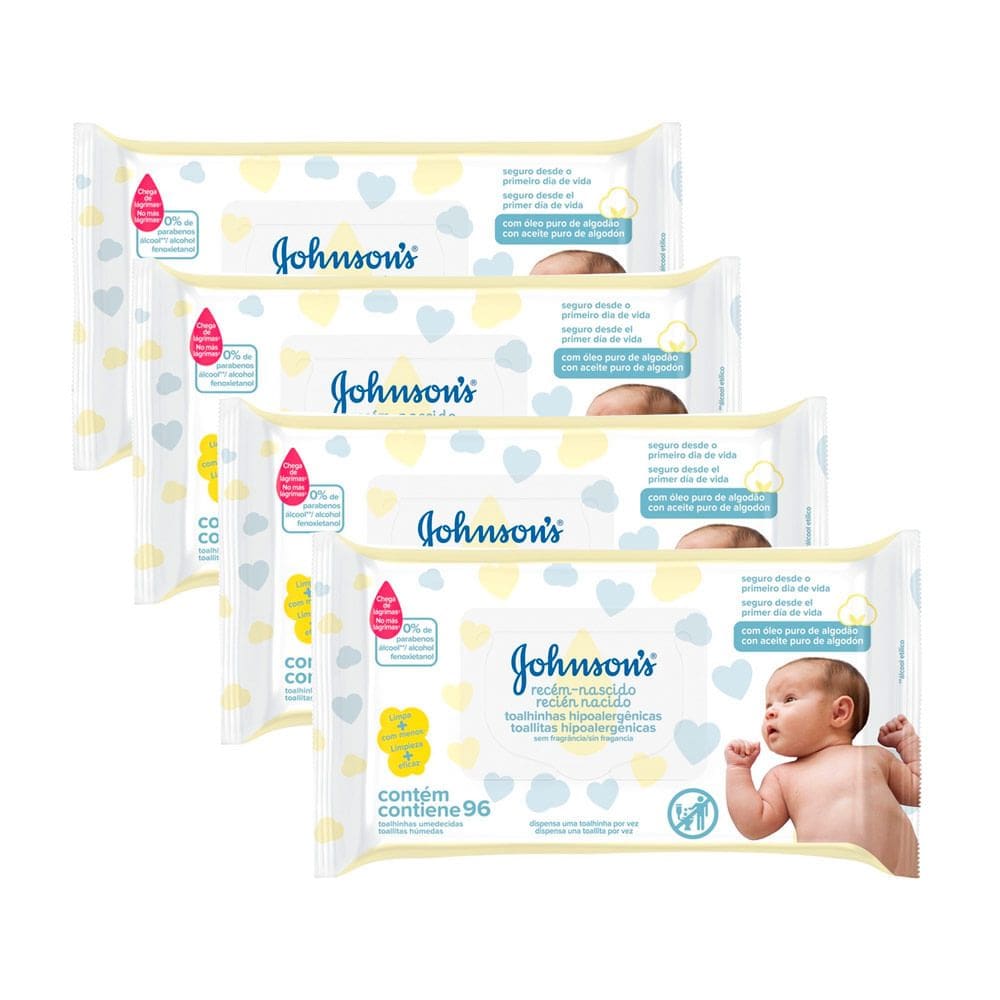 Kit 4 Toalhas Umedecidas Johnson`s Baby Recém Nascido 96 Unidades
