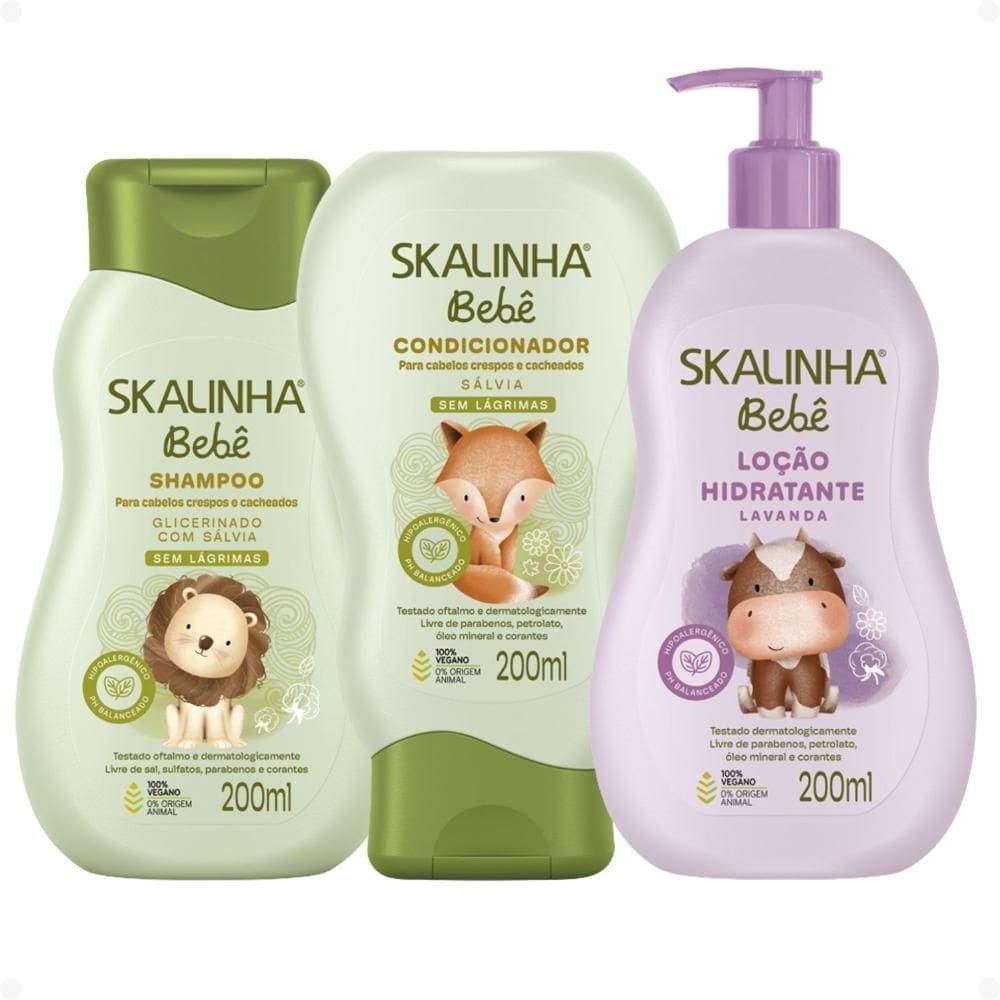 Kit Skalinha Bebê Para Cabelos Crespos e Cacheados: Shampoo e Condicionador 200ml + Loção Hidratante Lavanda 200ml