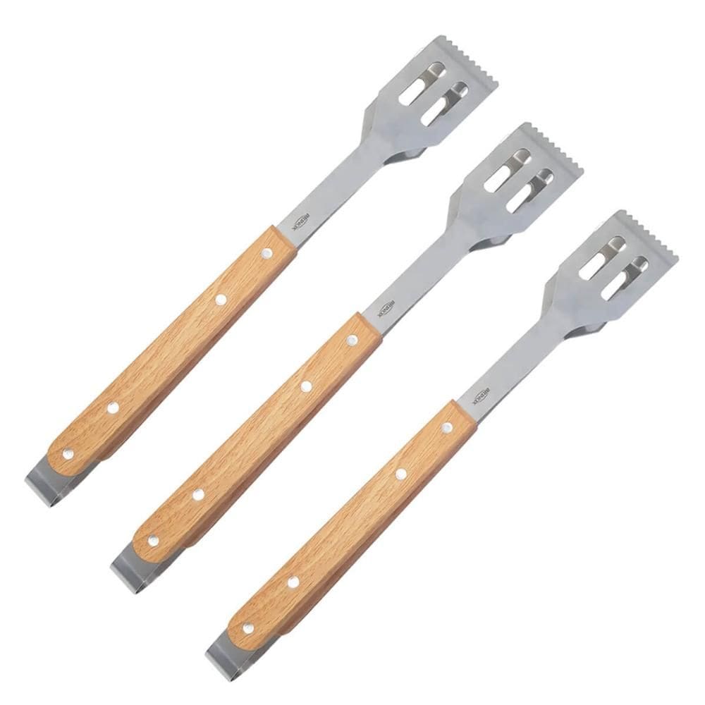 Kit 3 Pegadores de Churrasco Carne Legumes 40cm Inox Cabo Longo Madeira Brinox